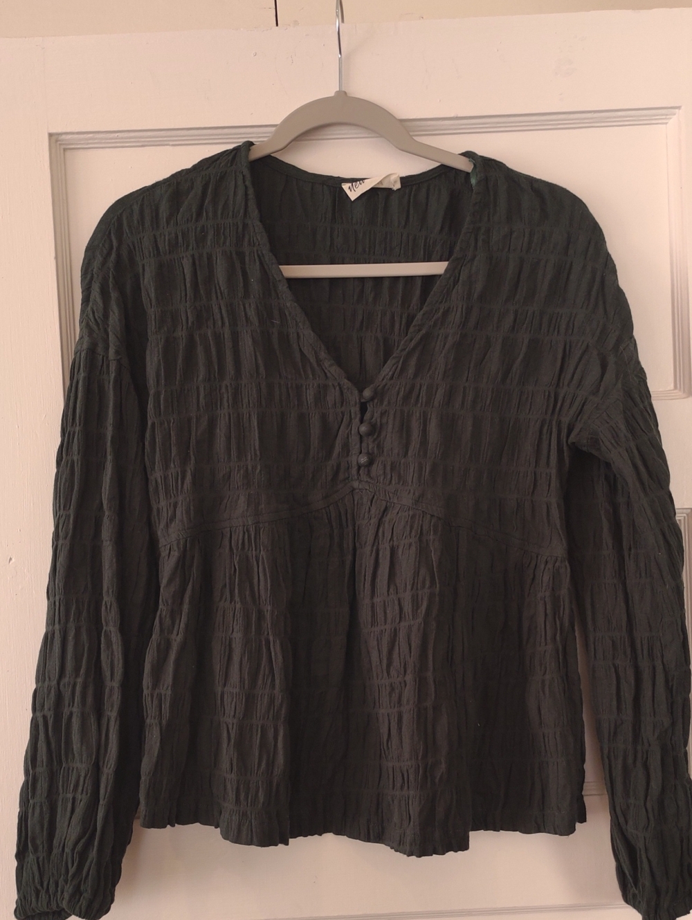 New In Textured Cotton V-Neck Peasant Top With Button Detail - Dark Green Small